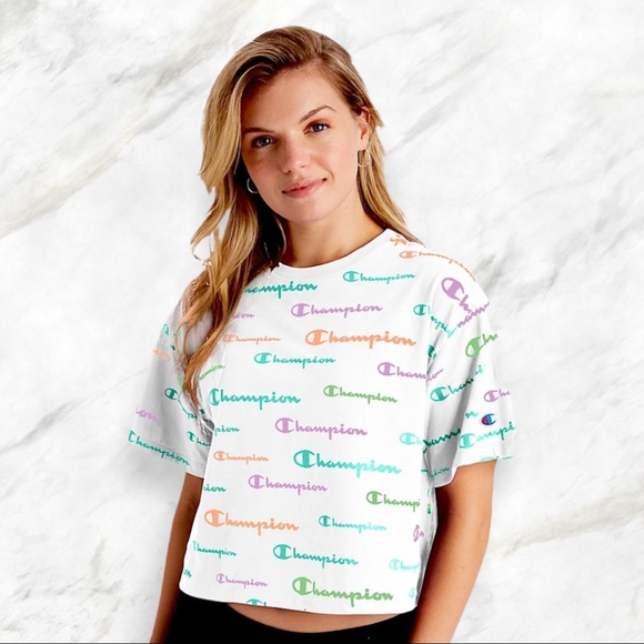 Champion Tops - Champion | Multicolour Pastel Logo Cropped White T-Shirt